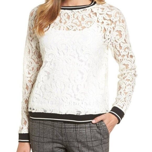 Halogen Women's Cotton Blend Rib Trim Lace Top Long Sleeve Ivor Sz. M NEW - Picture 1 of 3